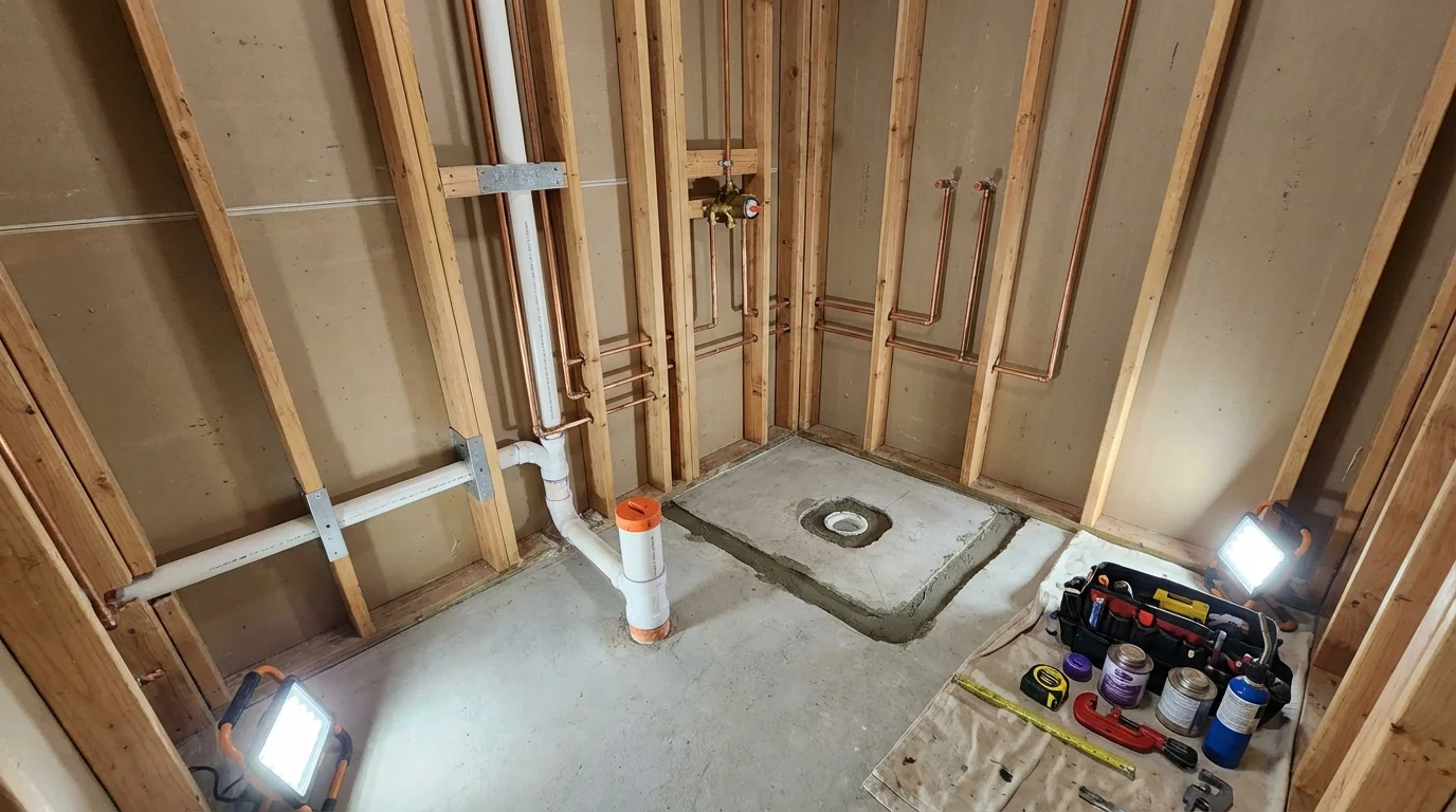 Bathroom rough-in plumbing during remodel by Johns Plumbing LLC in Hephzibah