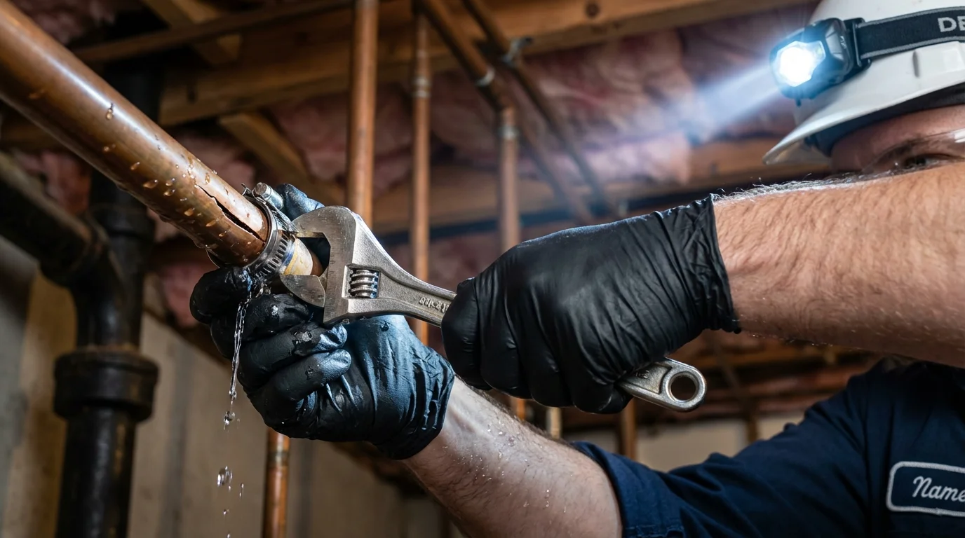 Emergency pipe clamp repair being performed by a Johns Plumbing LLC plumber in Hephzibah