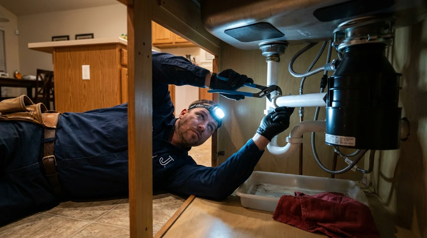 P-trap and supply line connections under a kitchen sink showing a common leak point in Hephzibah, GA